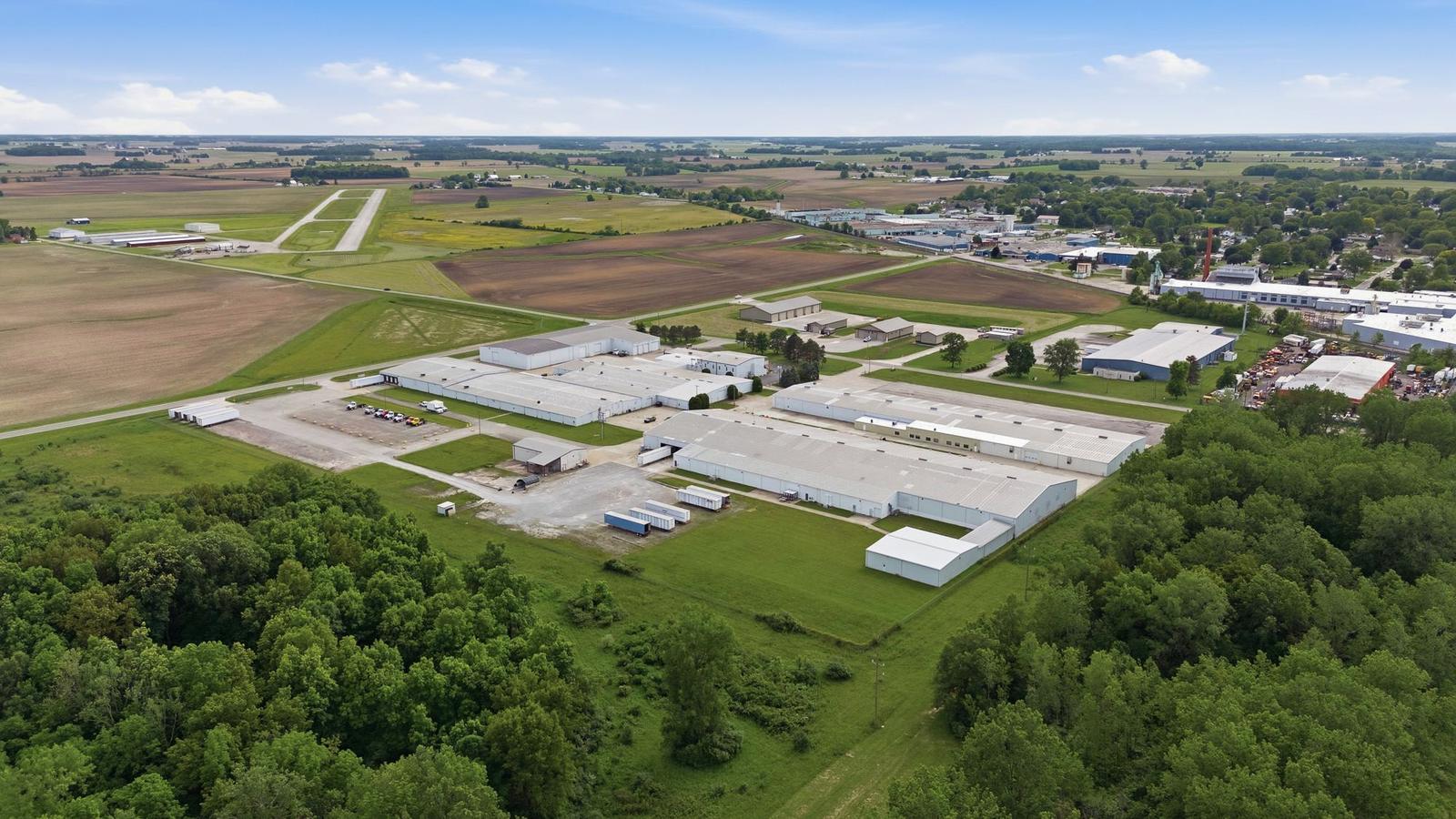 Aerial view of Baja Industrial Center in Bucyrus, Ohio, with Port Bucyrus-Crawford County Airport beyond